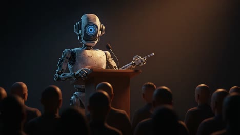 a robotic figure addresses an audience from a podium, sharing insights and knowledge in a captivating presentation, highlighting the intersection of technology and communication