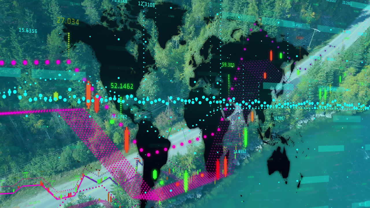 World map silhouette animating over forest lake scene showing candlestick bars  and  dotted trend li