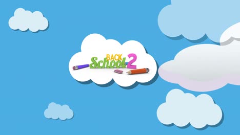 Animation-Einer-Rakete,-Die-über-Bunte-Back-2-Schultexte-Und-Bleistifte-Auf-Einer-Wolke-Am-Blauen-Himmel-Fliegt