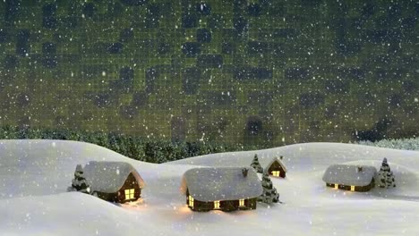 Animation-of-snow-falling-over-houses-and-trees-on-winter-landscape