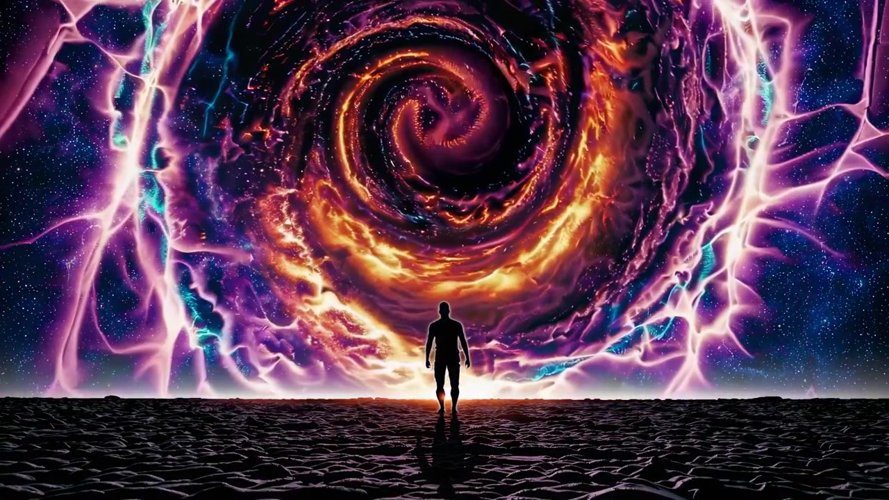 Silhouette of a Person Standing Before a Cosmic Portal