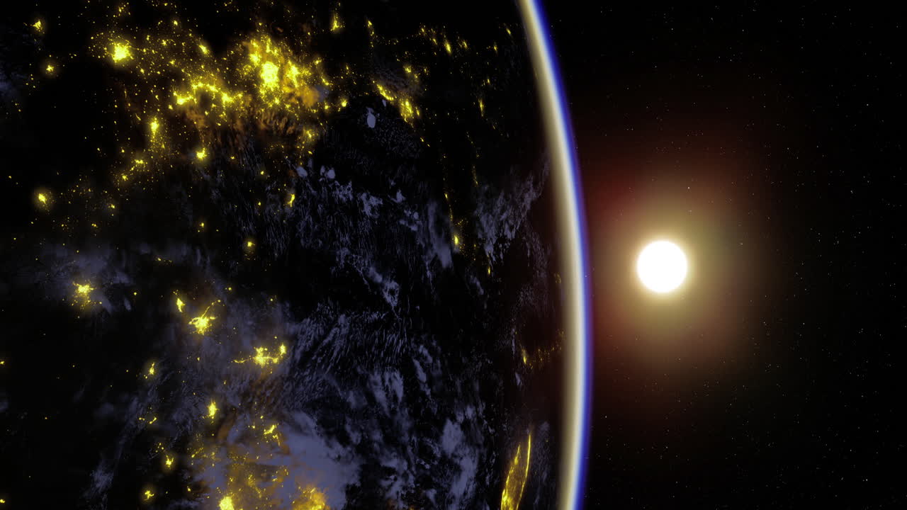 Stunning view of earth with glowing city lights and radiant sun