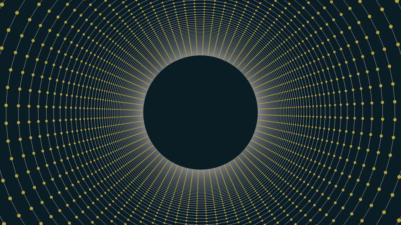 Black circle surrounded by white dots in circular pattern on dark background