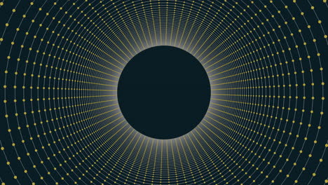 black circle surrounded by white dots in circular pattern on dark background