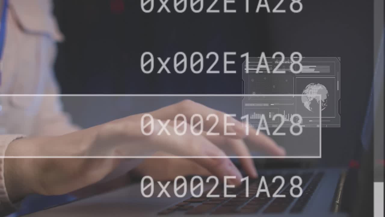 Animation of data processing on screens over hands of caucasian woman working on laptop