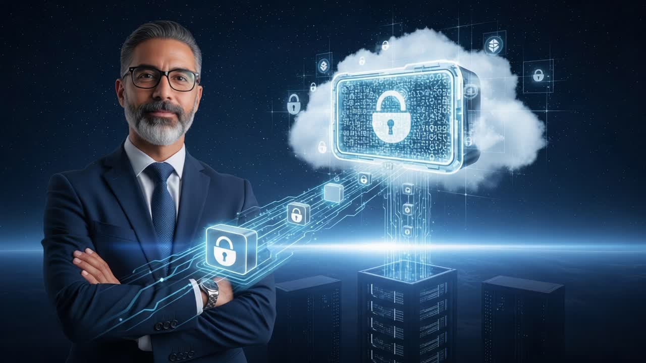 A Confident Professional Overseeing a Secure Digital Infrastructure with Cloud Computing and Advanced Data Protection Measures