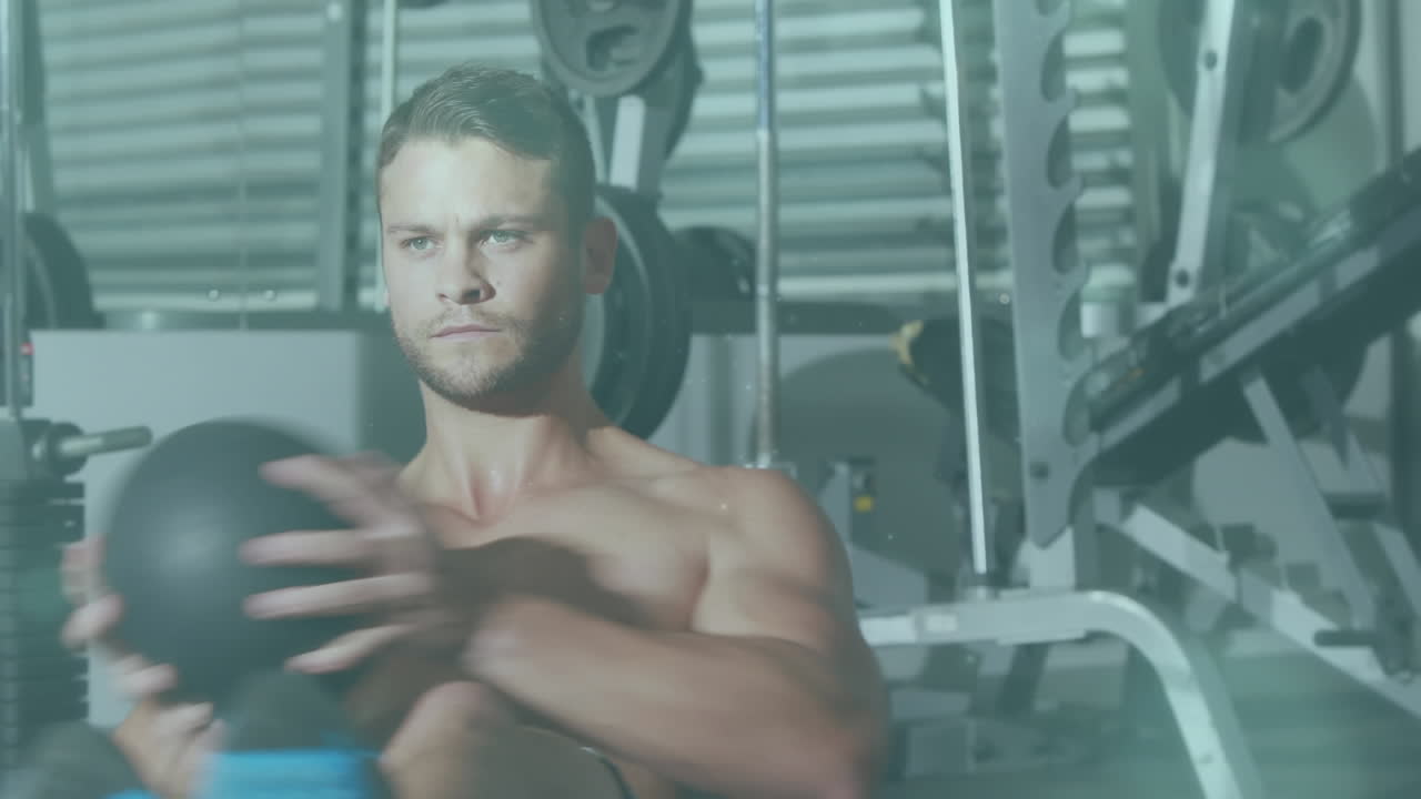 체육관 에서 운동 하는 강한 남자 위 에 반 ⁇ 이는 반점 들 의 애니메이션