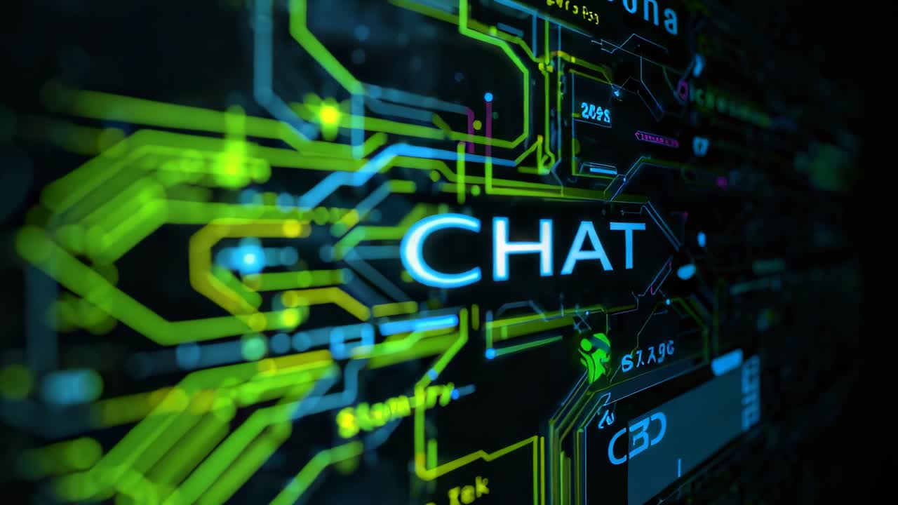 Telecamera che zooma rivelando l'etichetta CHAT brillante su un pannello di circuito digitale, esponendo tracce al neon e UI