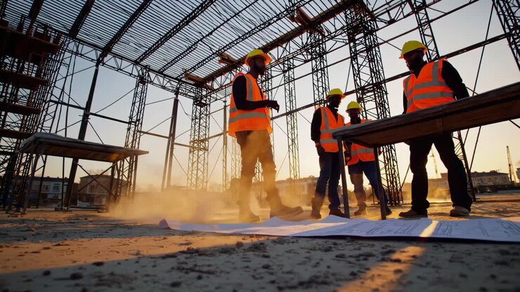 Low-angle video shot of construction workers in safety gear discussing blueprints at a building