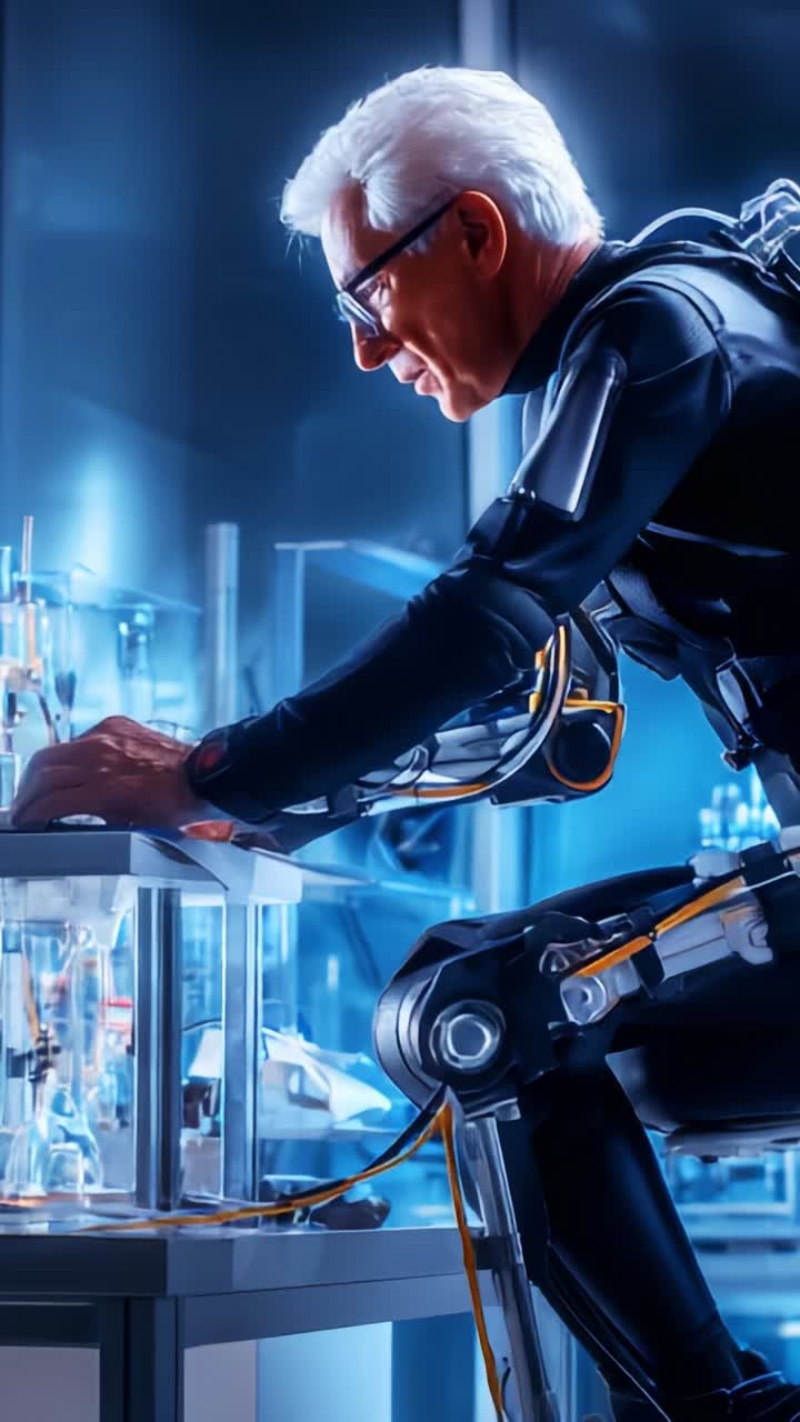A scientist in a high-tech lab, equipped with advanced robotics, focuses intently on his work with intricate devices and cutting-edge technology, showcasing innovation