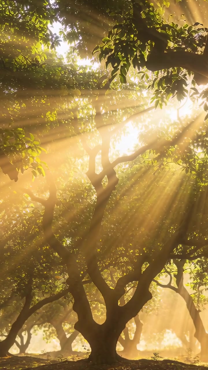 Vídeo vertical: Tronco retorcido em pé capturando raios de sol, sol baixo nascendo no bosque, névoa aparecendo.