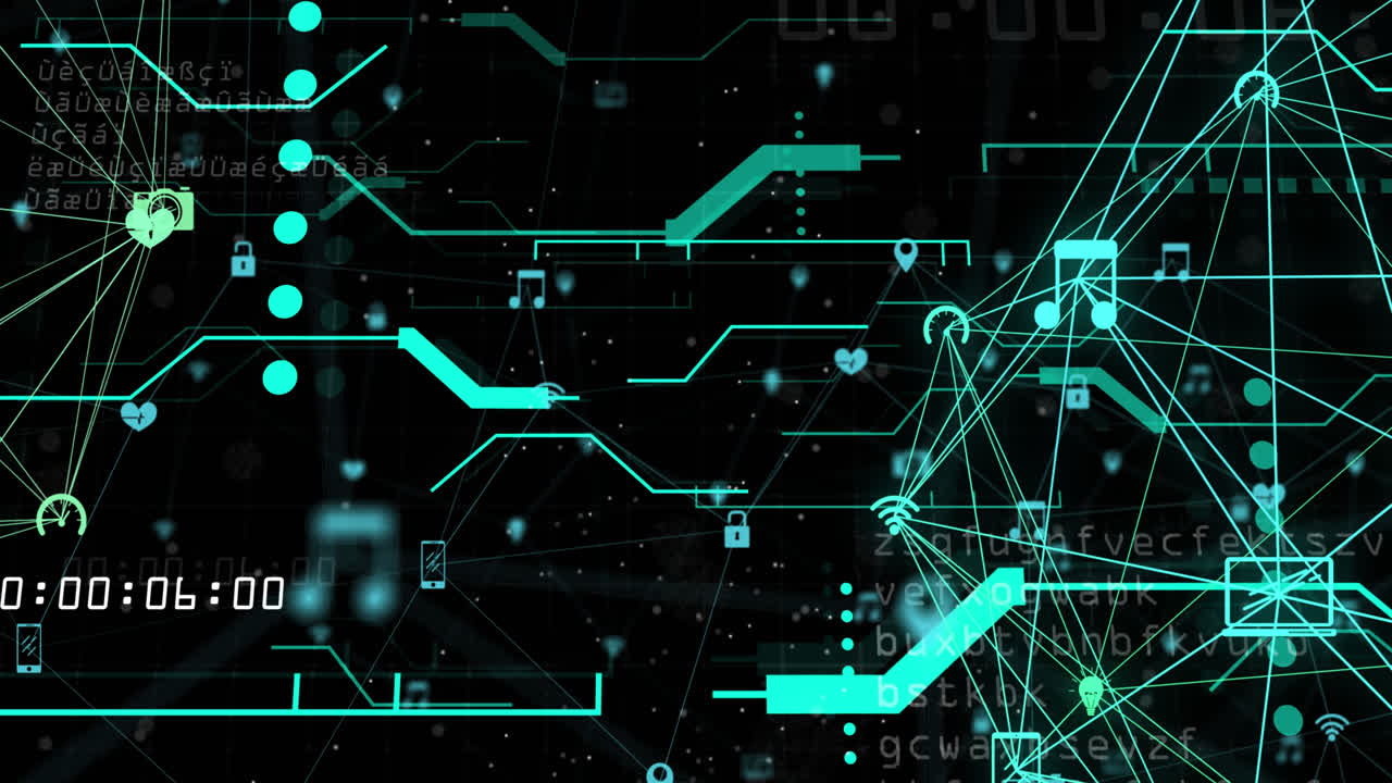 Animation of data processing and icons on black background