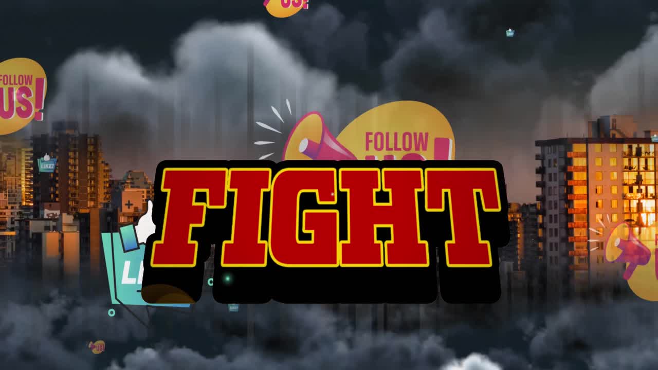 도시 풍경 위의 싸움 텍스트와 소셜 미디어 텍스트의 애니메이션