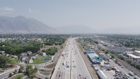 daily commuter traffic on utah i-15 interstate freeway road - static aerial