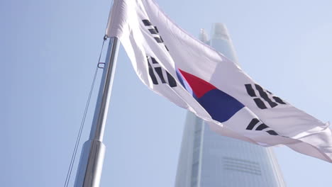 south korean flag waving in front of a skyscraper