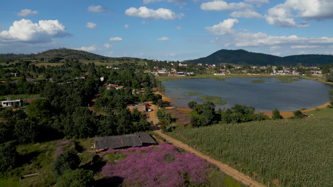무인 항공기로 호숫가 산