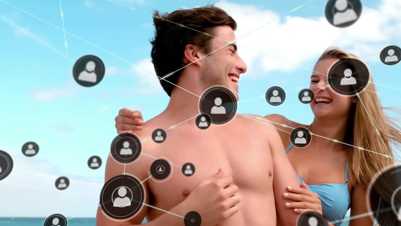 해변에서 포옹하는 백인 커플에 대한 아이콘과 연결 네트워크의 애니메이션