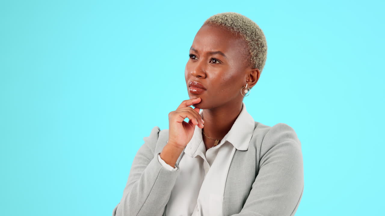 Confused, thinking and black woman in studio