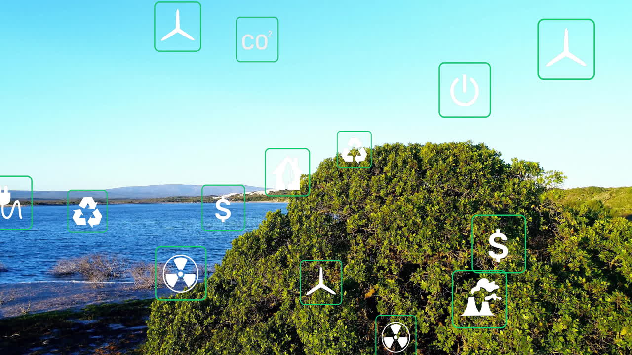 Sustainability theme floating above lake shore, featuring bush with green icons overlay flat design