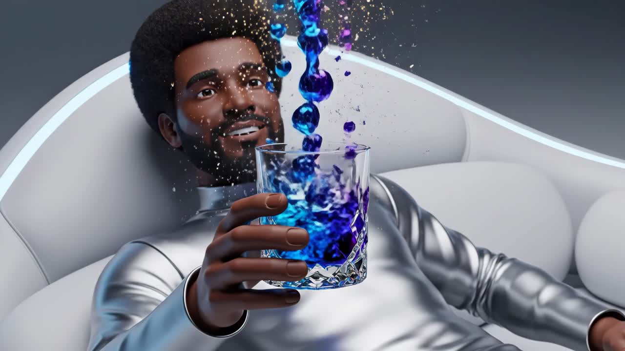 A futuristic man relaxing with a drink