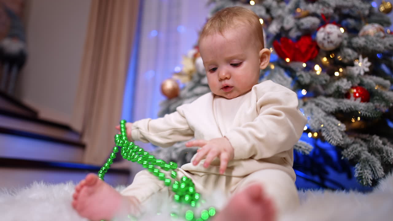 Adorable one-year-old baby in white clothes sits playing with beads string. Low angle view on the child focused on Christmas decorations.