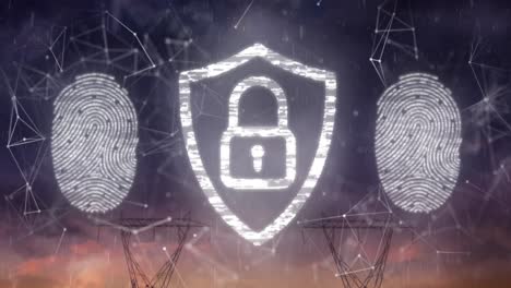 animación de escáneres biométricos de huellas dactilares y icono de candado de seguridad contra torres móviles