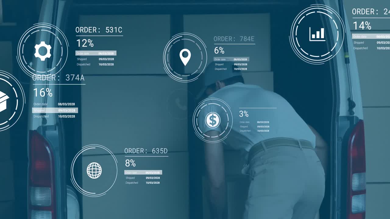 animación de iconos con procesamiento de datos sobre caucásicos mensajero cajas de embalaje