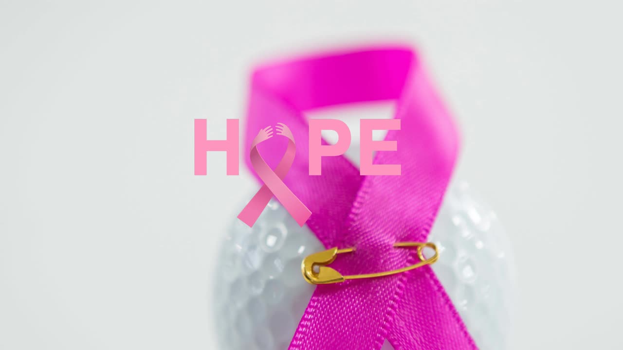 animación del texto de concienciación sobre el cáncer de mama sobre la cinta rosa del cáncer de mama