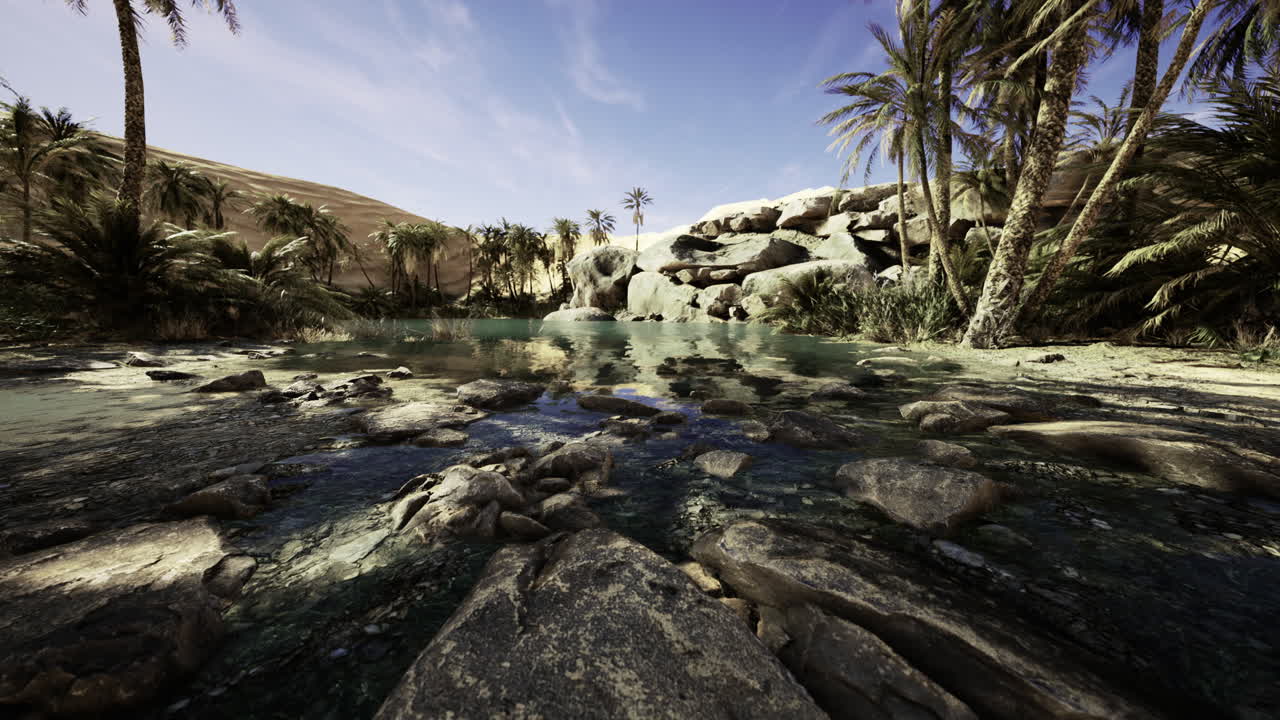 Tranquil oasis with palm trees and serene water reflecting blue skies