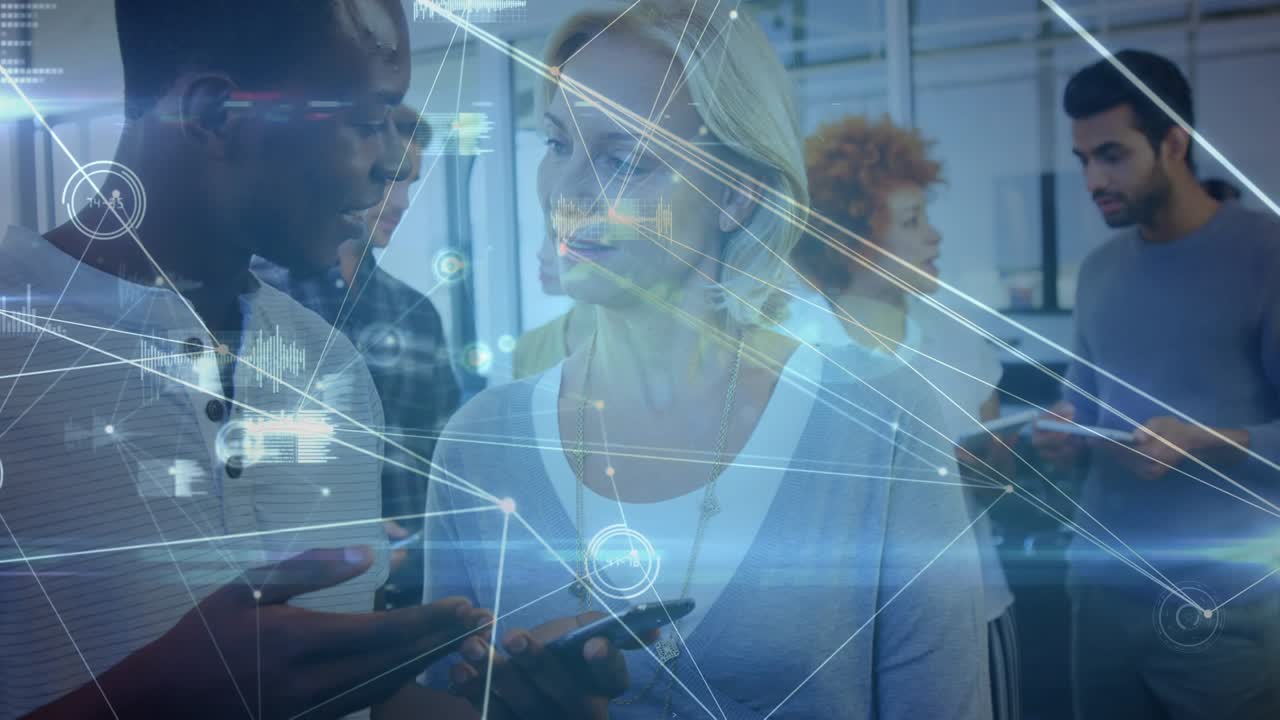 Animation of connections over diverse female and male coworkers in office