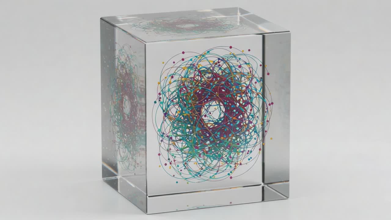 A Captivating Display of Colorful Patterns and Intricate Designs within a Transparent Cube - An Artistic Representation of Geometry and Visual Motion