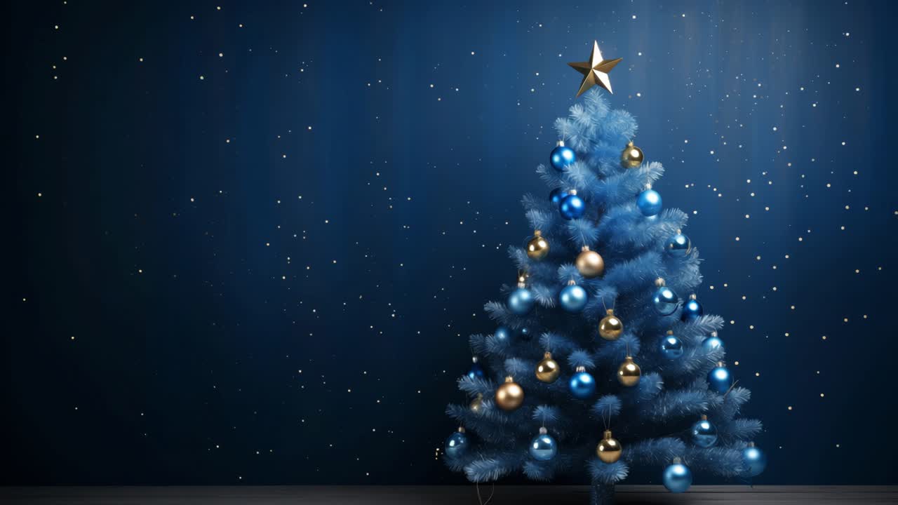 Blue christmas tree with a golden star on top is decorated with blue and gold christmas balls, standing on a dark wooden floor against a dark blue background with light rays and glitter