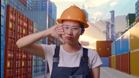 Close Up Of Asian Woman Worker Wearing Goggles And Safety Helmet Showing Thumbs Down Gesture To Camera While Standing At Container Yard Warehouse