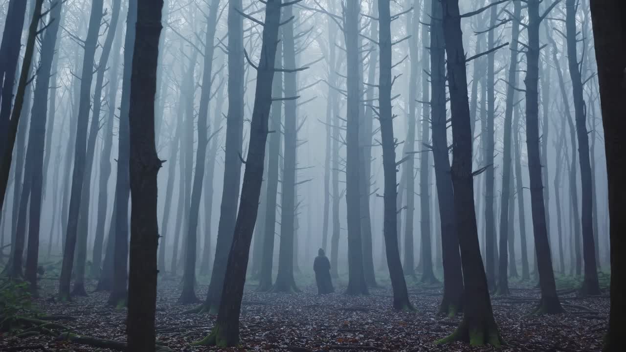 A mysterious video scene with a person in a foggy forest. The wide-angle shot captures tall trees