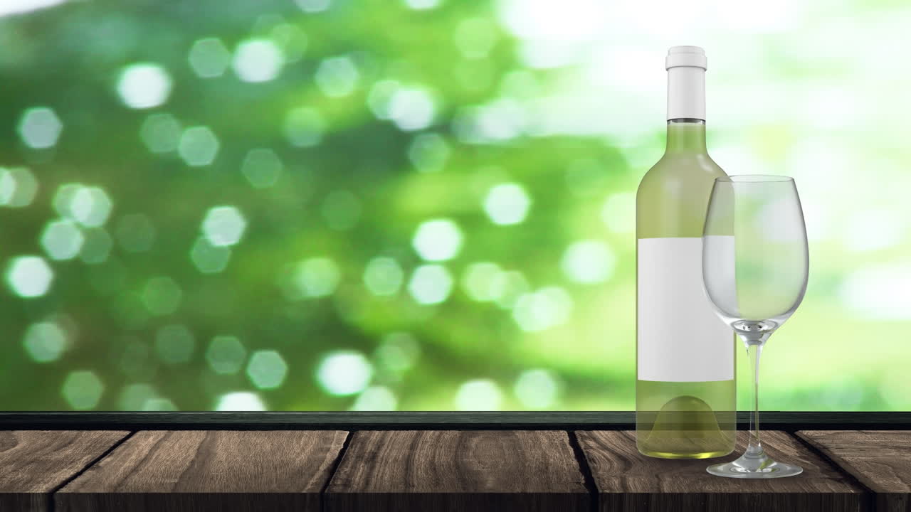 animación de una botella de vino blanco sobre un fondo con un fondo borroso verde