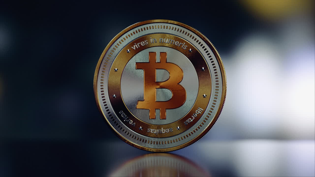 un solo bitcoin vertical sobre una superficie brillante.