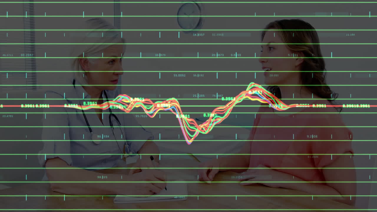 Doctor writing on clipboard while patient talking, showing animated medical chart heart icon