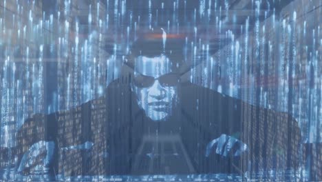 animación de un hacker masculino y luces flotando sobre los servidores
