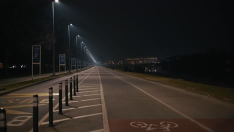 lonely streetlights cast a moody glow over an empty road by jarun lake in zagreb