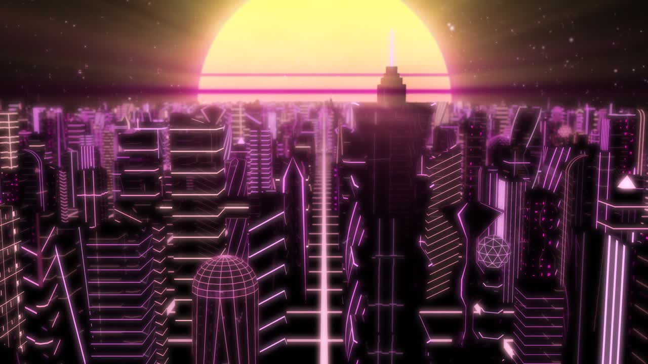 네온 도시 위를 날아가 80년대 레트로 태양과 함께 합성파 건물을 뛰어넘는 - 4k 원활한 루프 모션 배경 애니메이션