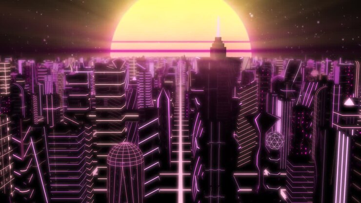 Fly Over Neon City Outrun Synthwave Buildings with 80s Retro Sun - 4K Seamless Loop Motion Background Animation