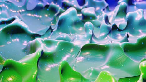 smooth abstract animation of liquid gradient green blue in 4k. bright glossy paint surface as abstract looped festive background. glitters on viscous liquid with 3d splashes on surface like drops.