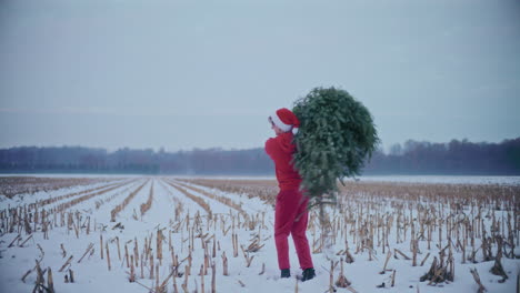 Cheerful-man-placing-cut-pine-tree-on-snow-covered-landscape-during-Christmas