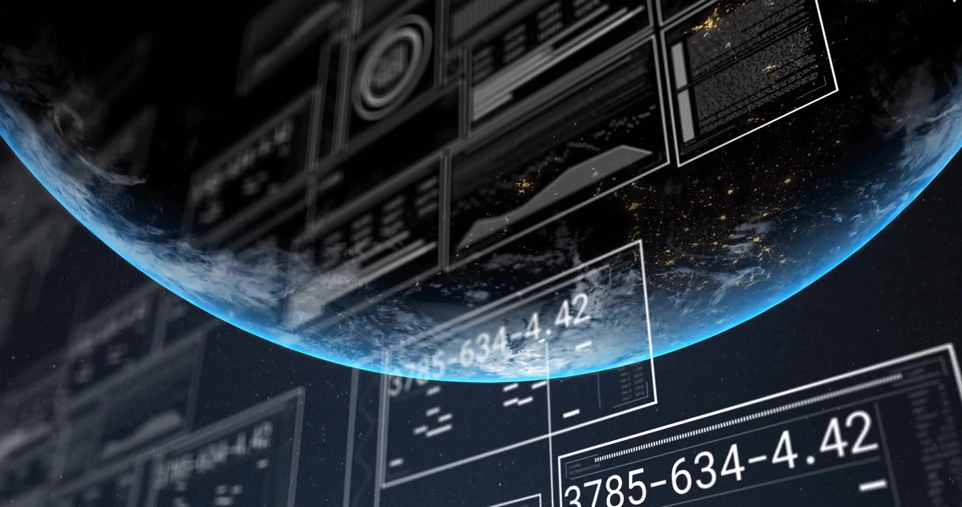Blue arc sweeping view triggers digital panels activating, displaying live orbital data