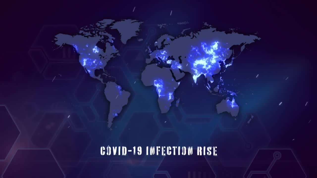 Animação de um mapa-múndi com gráfico de aumento da infecção por Covid-19 em fundo azul