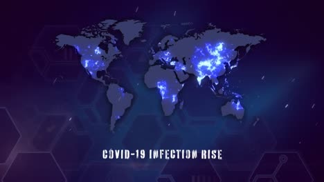 animation of a world map with covid-19 infection increase graph on blue background.