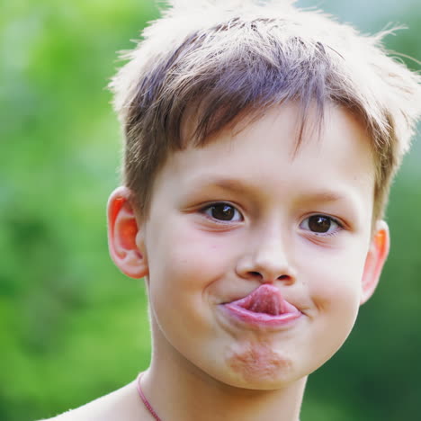 close-up portrait of boy's face outdoors. curious child looking at camera and showing his tongue on blur green background. little boy tries to touch the nose by his tongue.
