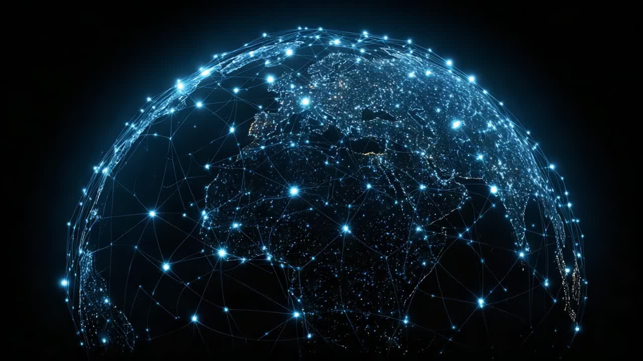 A Stunning Digital Representation of Earth Showcasing a Network of Illuminated Connections and Data Points Across Continents in a 3D Visualization