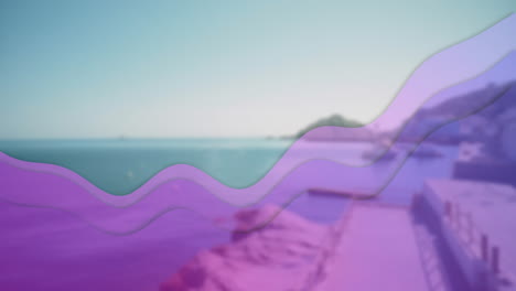animation of purple wave patterns in coastal landscape under clear blue sky