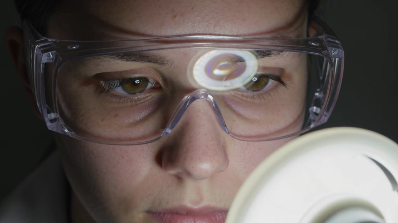 Seeing ring reflection, tech in white coat moving ring lamp and inspecting with goggles in lab